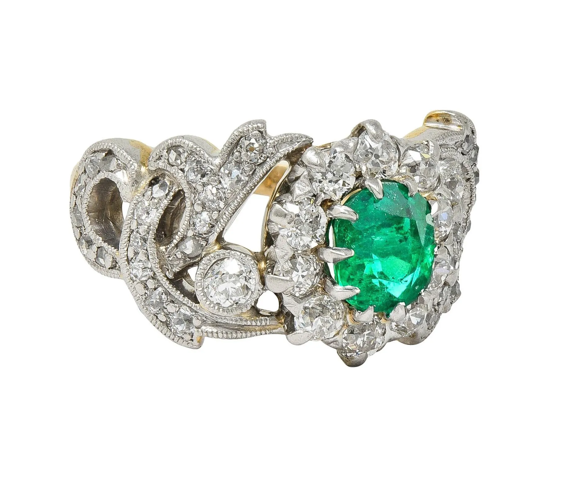 Edwardian 1.85 CTW Emerald Diamond Platinum 14 Karat Yellow Gold Scrolling Antique Halo Ring
