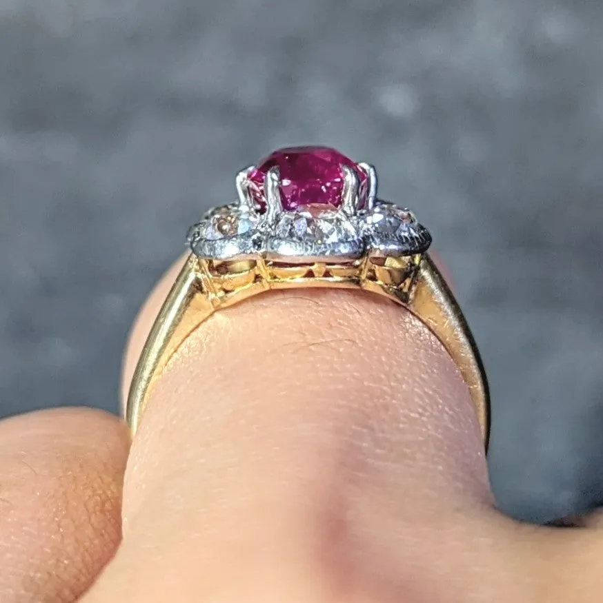 Edwardian 3.39 CTW No Heat Burma Ruby Diamond Platinum 18 Karat Cluster Ring GIA