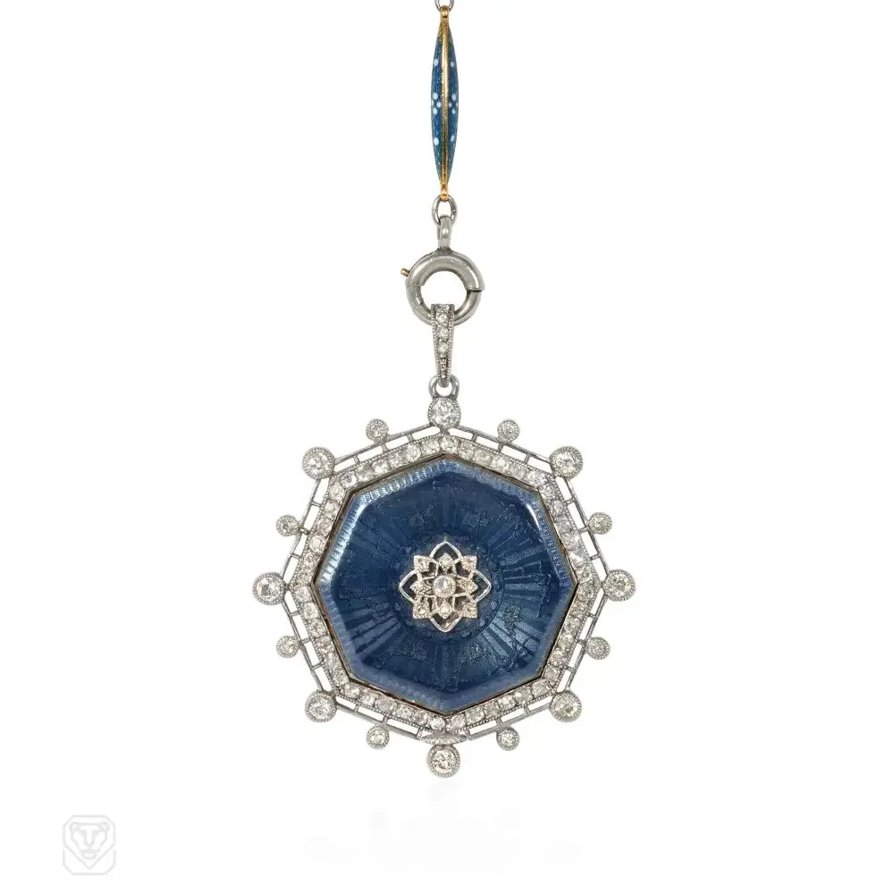 Edwardian Tiffany enamel and diamond watch pendant and chain