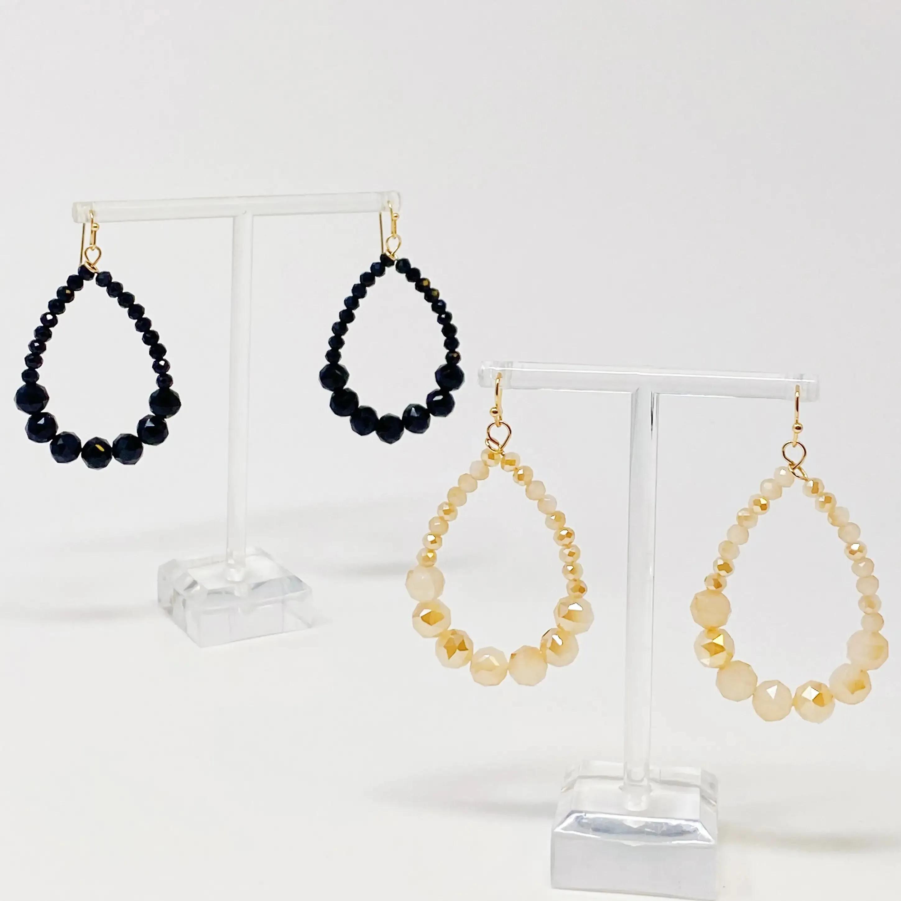 Elegant Beaded Teardrop Dangle Earrings with Faceted Glass Beads and Gold Tone Hardware