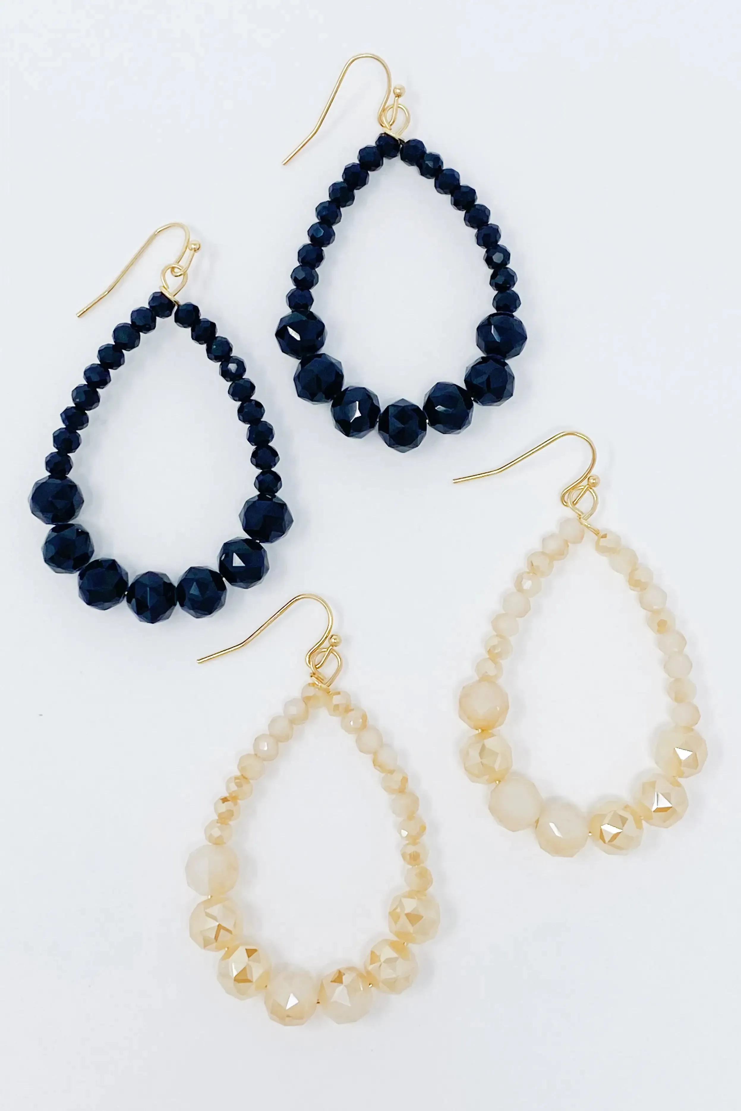 Elegant Beaded Teardrop Dangle Earrings with Faceted Glass Beads and Gold Tone Hardware