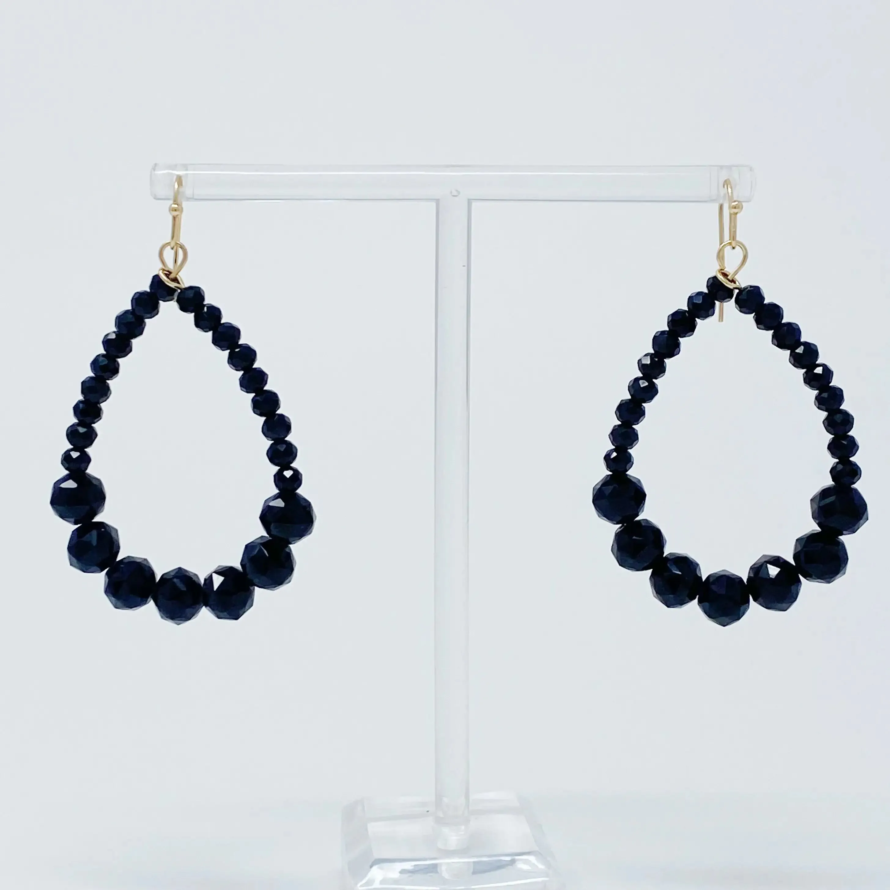 Elegant Beaded Teardrop Dangle Earrings with Faceted Glass Beads and Gold Tone Hardware