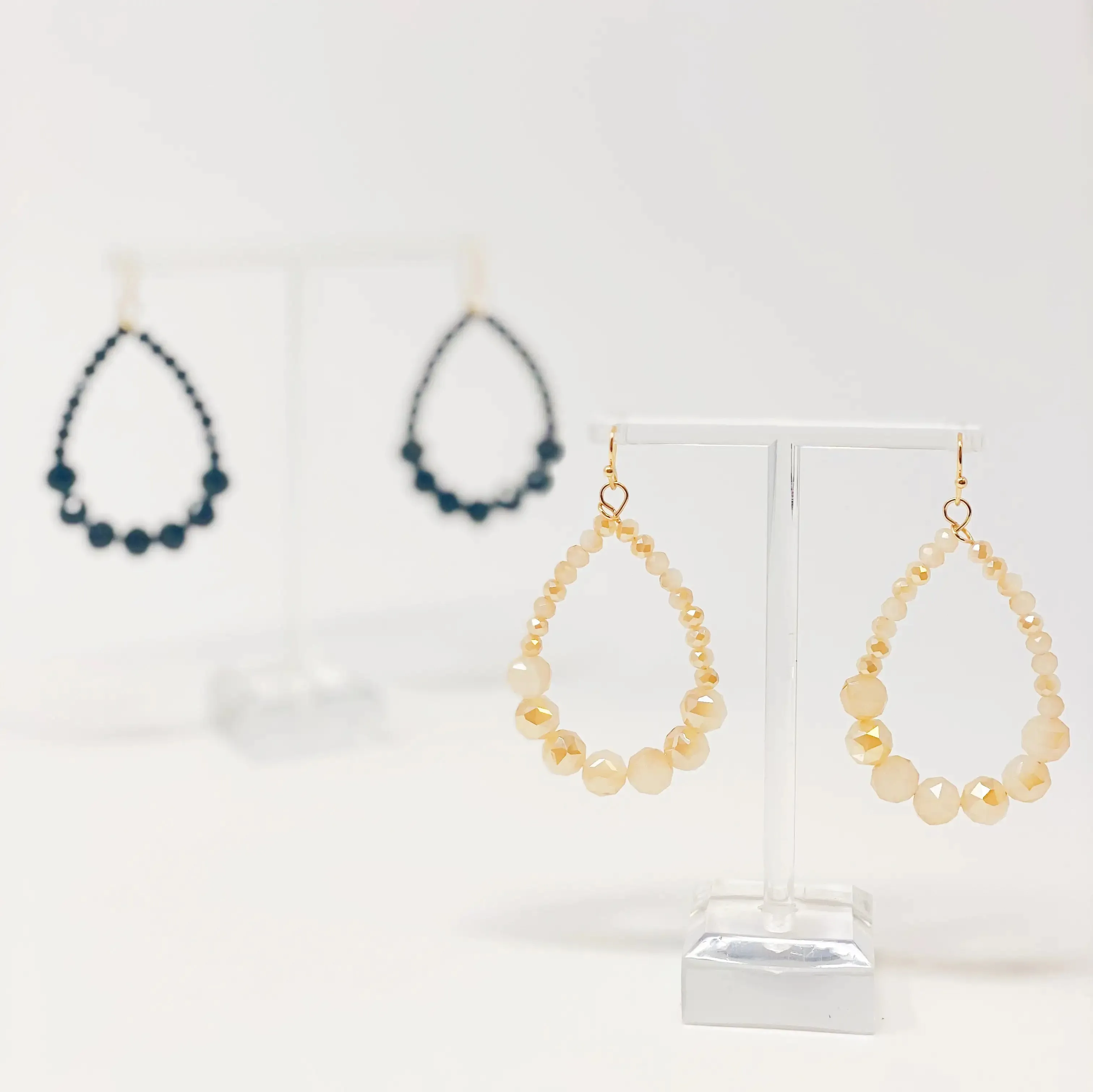 Elegant Beaded Teardrop Dangle Earrings with Faceted Glass Beads and Gold Tone Hardware