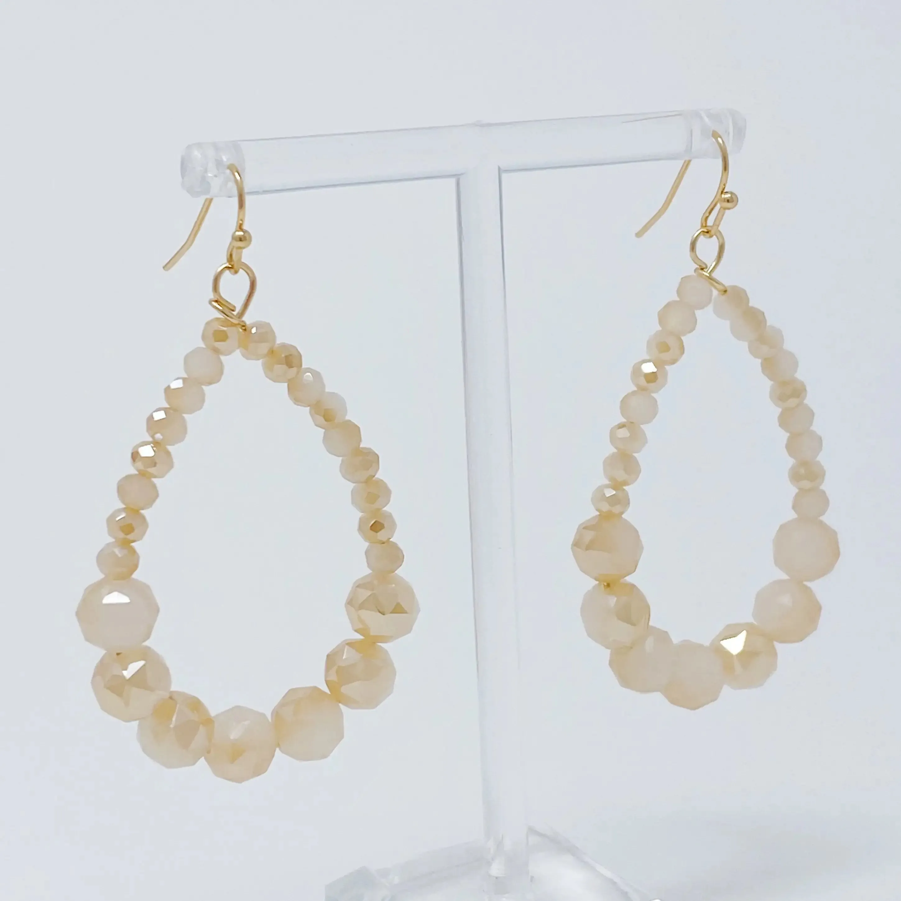 Elegant Beaded Teardrop Dangle Earrings with Faceted Glass Beads and Gold Tone Hardware