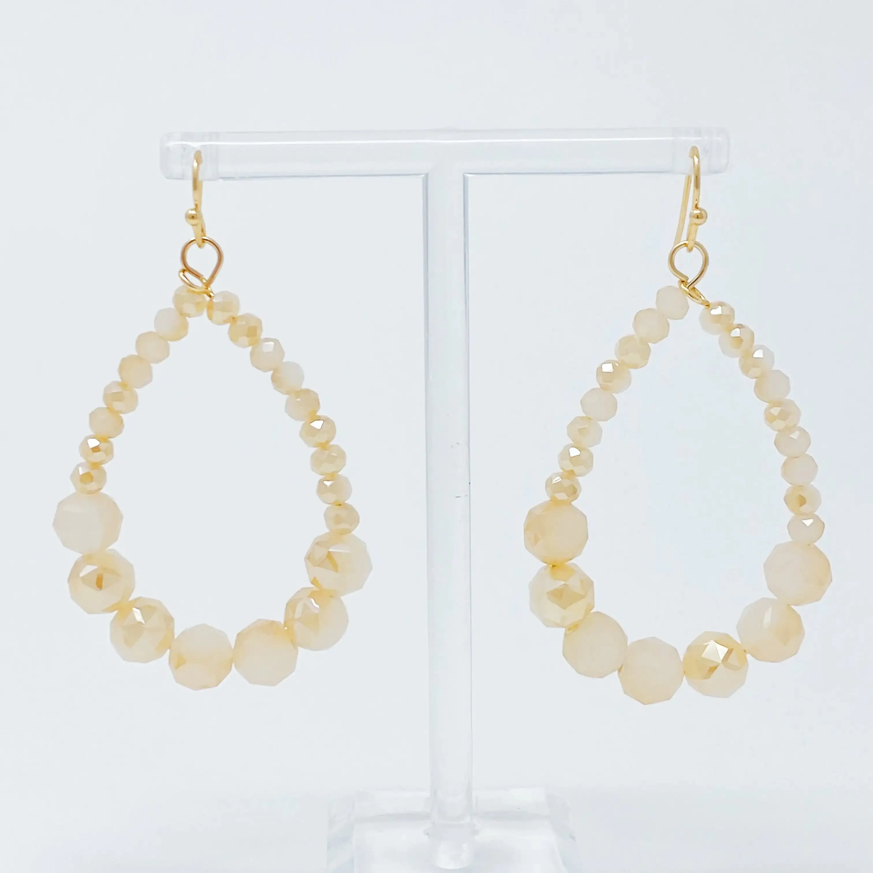 Elegant Beaded Teardrop Dangle Earrings with Faceted Glass Beads and Gold Tone Hardware