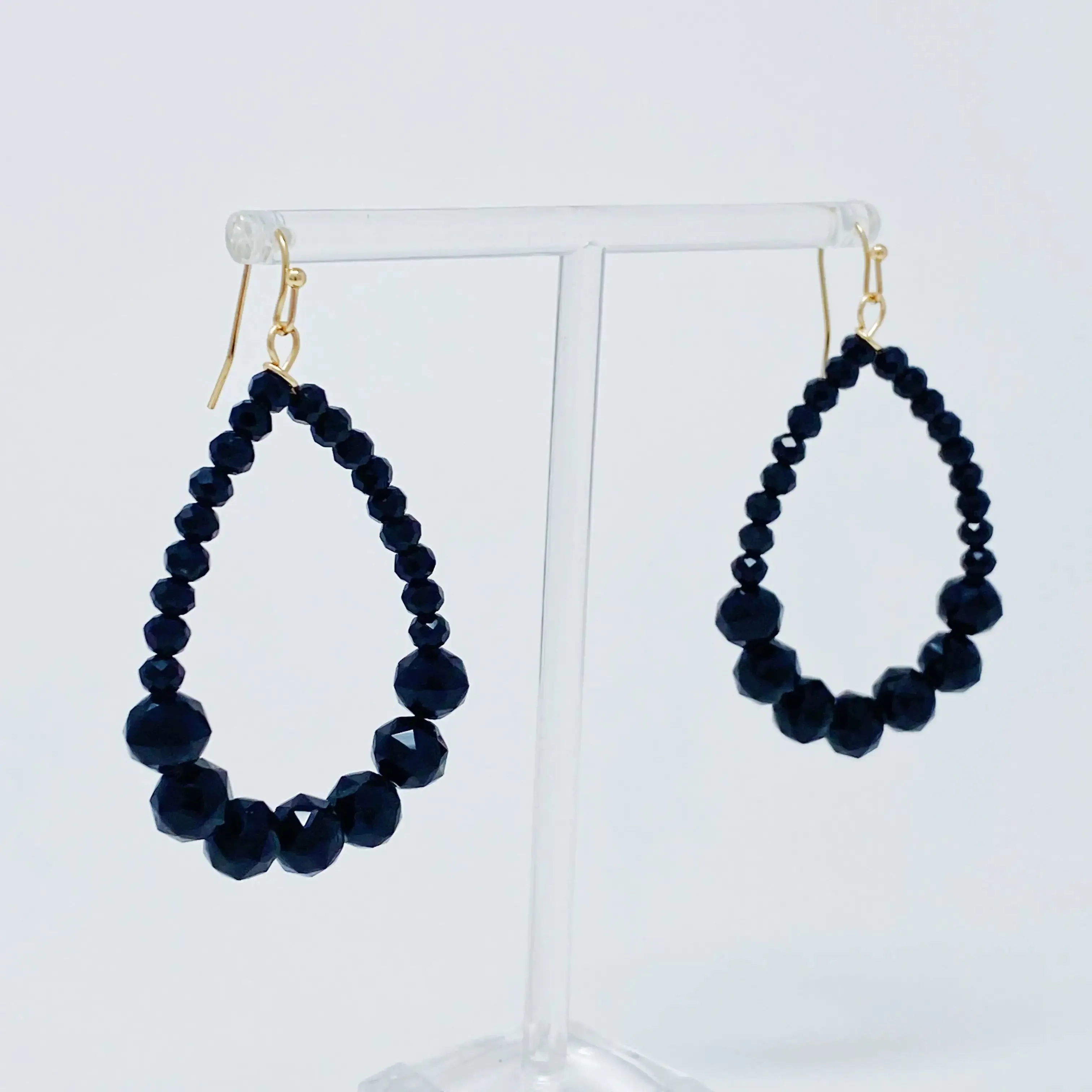 Elegant Beaded Teardrop Dangle Earrings with Faceted Glass Beads and Gold Tone Hardware