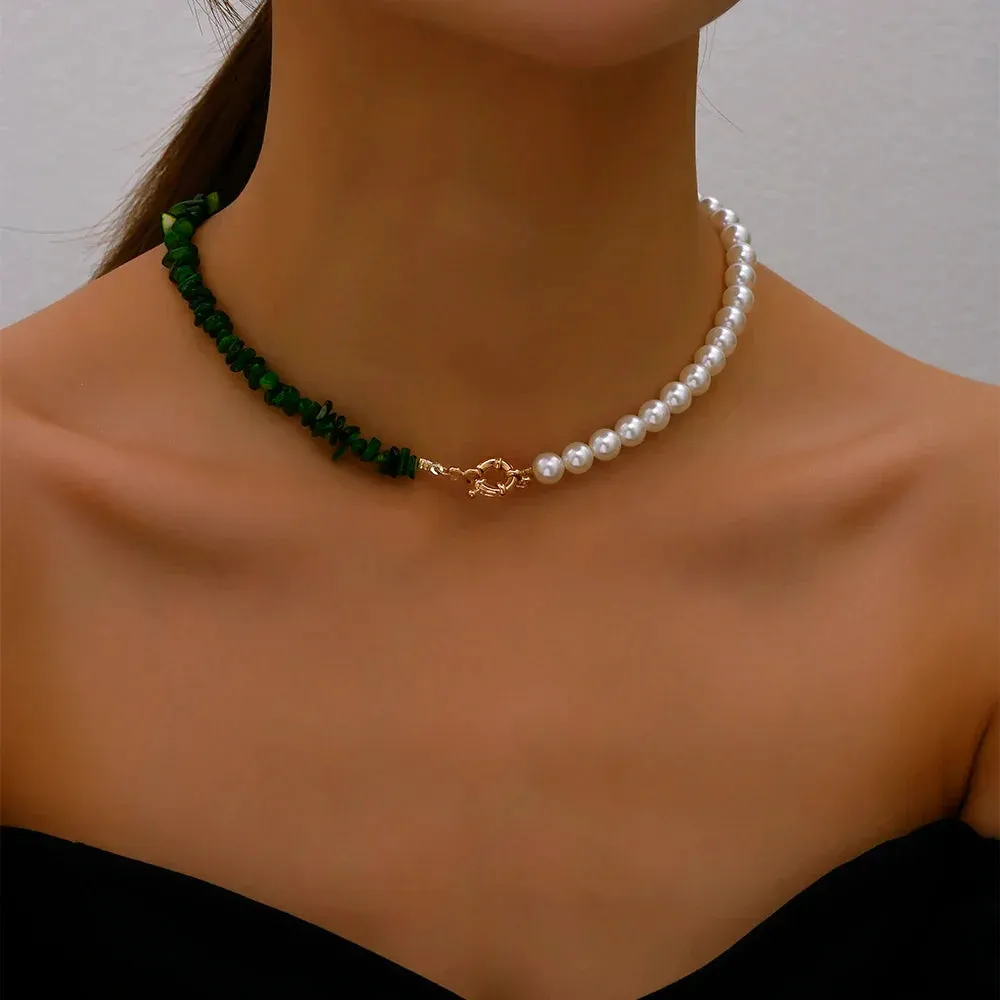 Elegant Jewelry Wedding Big Pearl Necklace For Women Fashion Imitation Pearl Green Rose Color Stone Choker Necklace