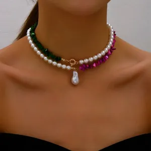 Elegant Jewelry Wedding Big Pearl Necklace For Women Fashion Imitation Pearl Green Rose Color Stone Choker Necklace