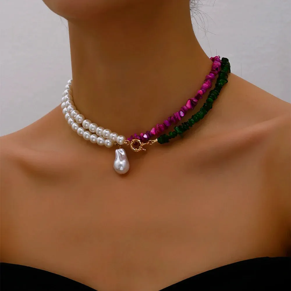 Elegant Jewelry Wedding Big Pearl Necklace For Women Fashion Imitation Pearl Green Rose Color Stone Choker Necklace