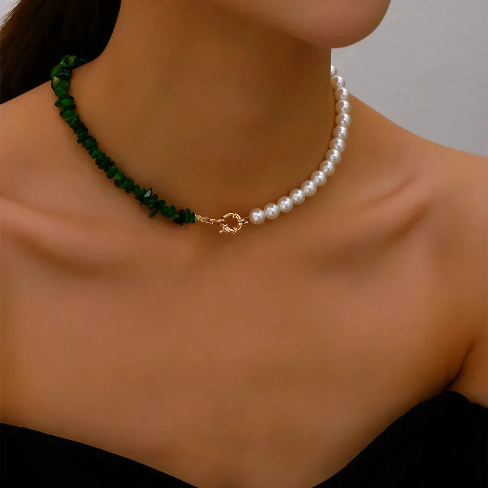 Elegant Jewelry Wedding Big Pearl Necklace For Women Fashion Imitation Pearl Green Rose Color Stone Choker Necklace