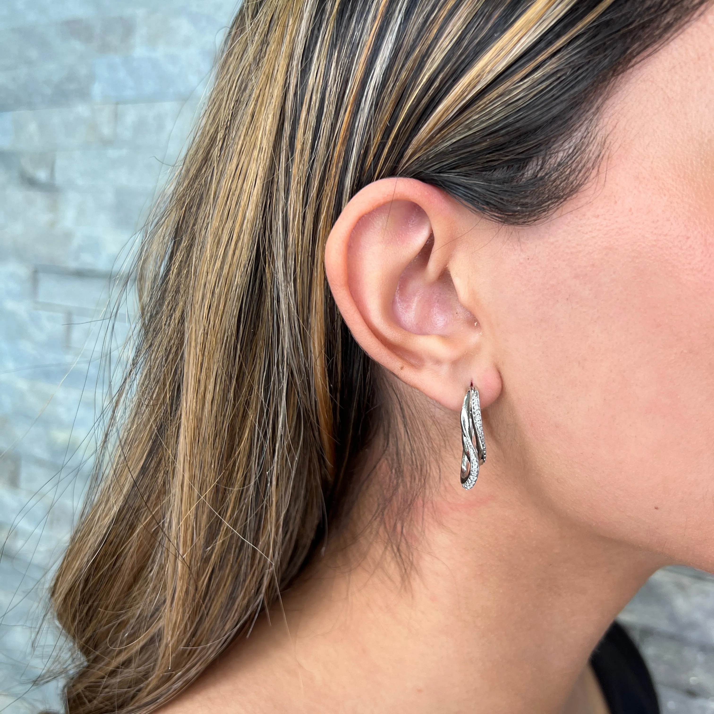 Elle Ocean Sterling Silver Rhodium Plated CZ Double Hoop Earrings