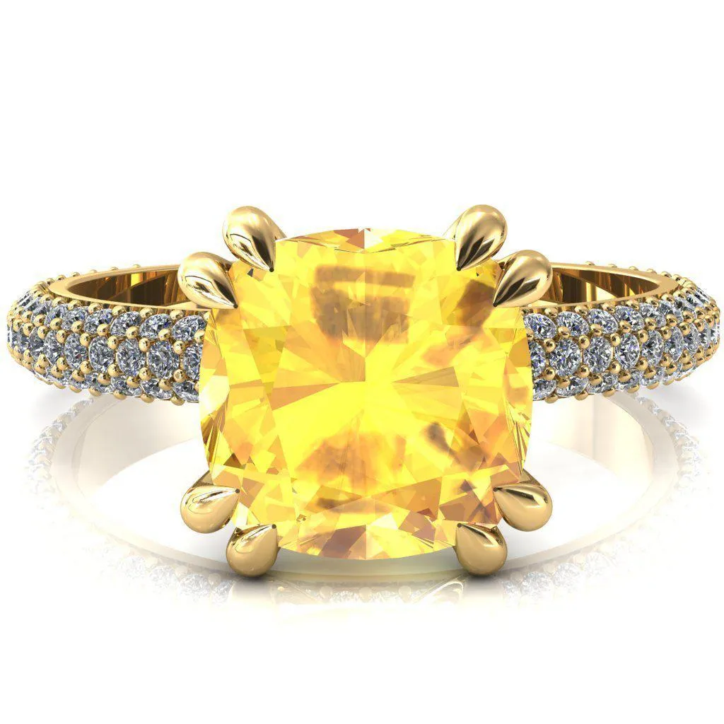 Elley Cushion Yellow Sapphire 4 Claw Prong Diamond Accent Engagement Ring