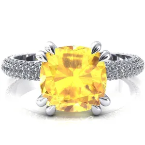 Elley Cushion Yellow Sapphire 4 Claw Prong Diamond Accent Engagement Ring