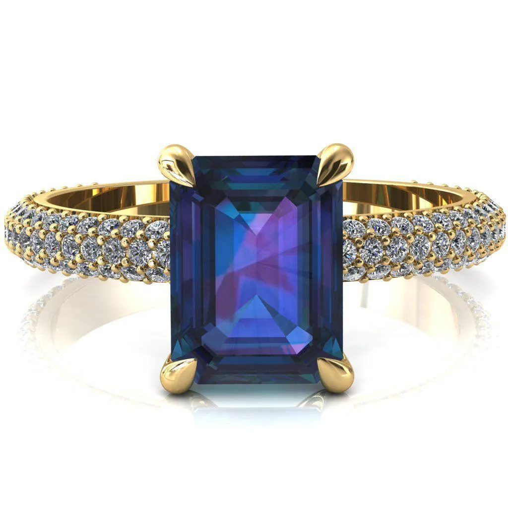 Elley Emerald Alexandrite 4 Claw Prong Diamond Accent Engagement Ring