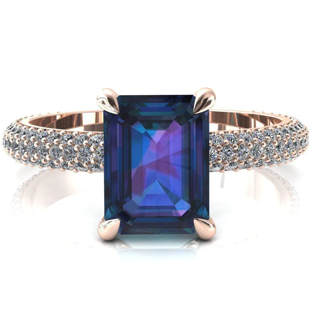 Elley Emerald Alexandrite 4 Claw Prong Diamond Accent Engagement Ring