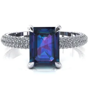 Elley Emerald Alexandrite 4 Claw Prong Diamond Accent Engagement Ring