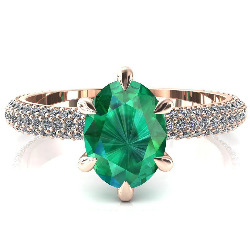 Elley Oval Emerald 6 Claw Prong Diamond Accent Engagement Ring