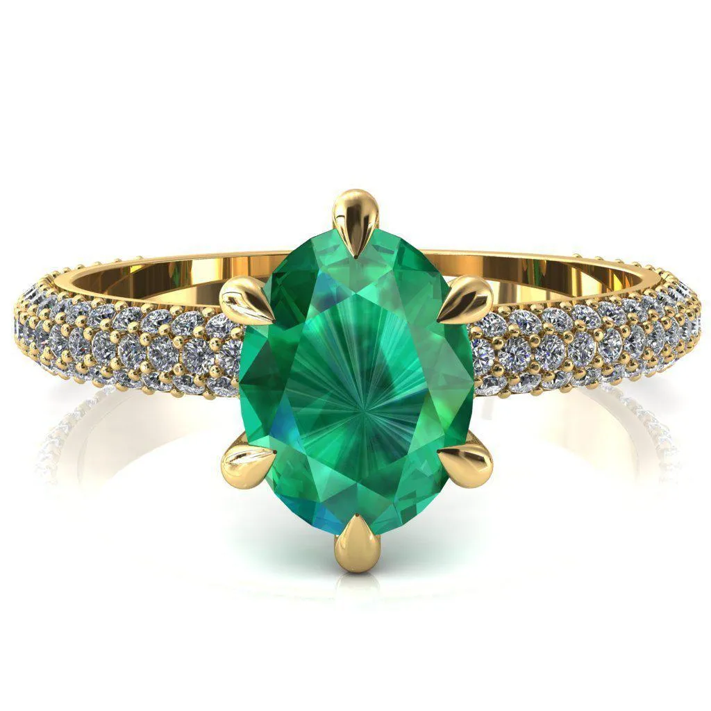 Elley Oval Emerald 6 Claw Prong Diamond Accent Engagement Ring