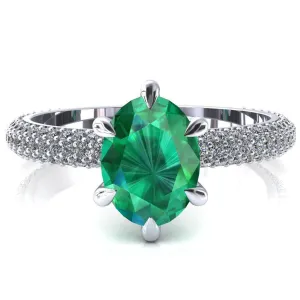 Elley Oval Emerald 6 Claw Prong Diamond Accent Engagement Ring