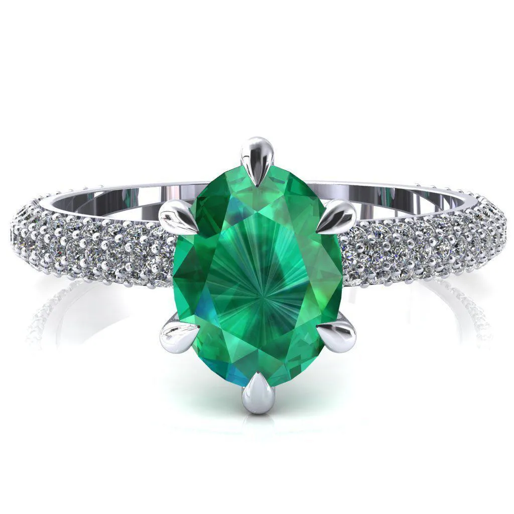Elley Oval Emerald 6 Claw Prong Diamond Accent Engagement Ring