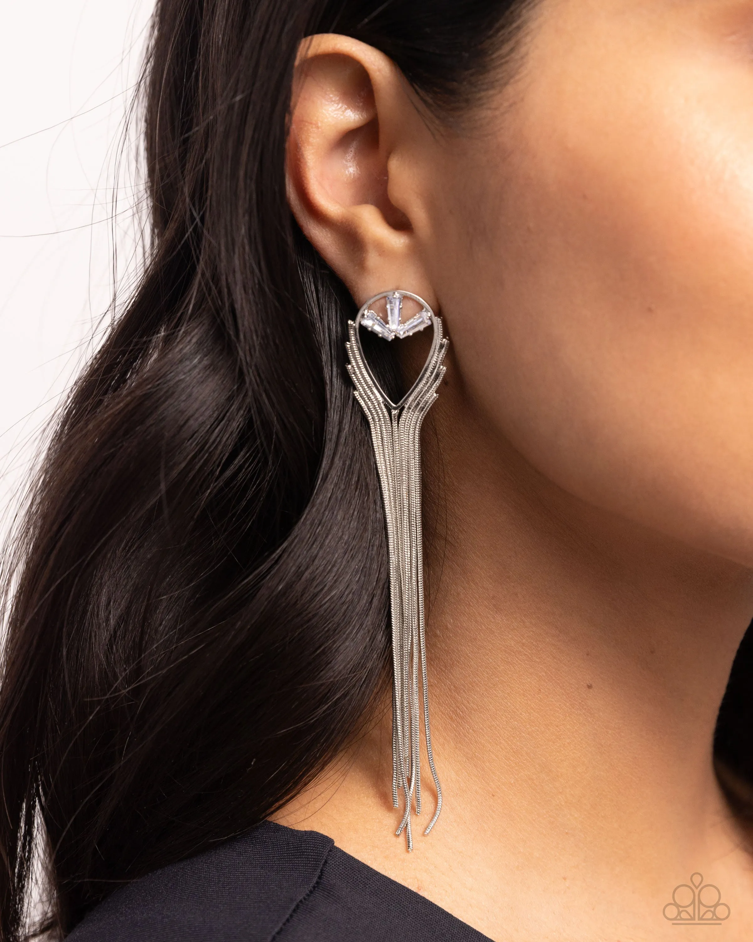Elongated Effervescence - White - Emerald Cut Gem Chain Tassel Paparazzi Post Earrings