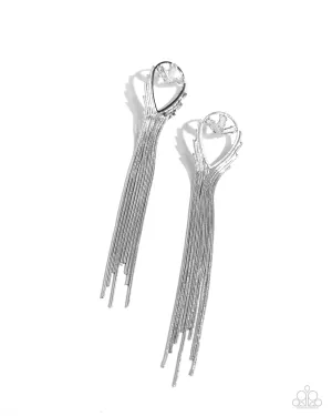 Elongated Effervescence - White - Emerald Cut Gem Chain Tassel Paparazzi Post Earrings