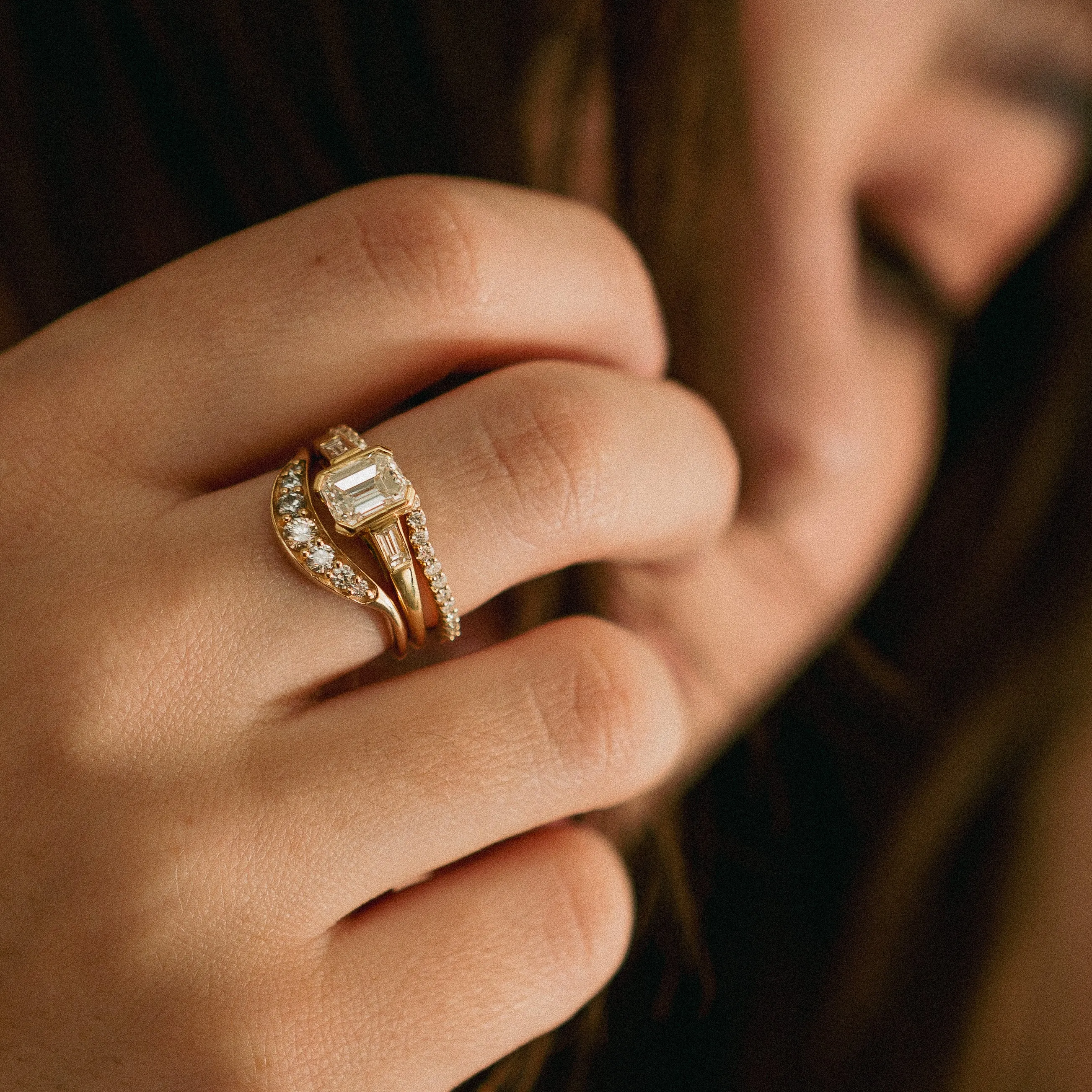 Emerald Cut Diamond Trilogy Ring in 18k Yellow Gold