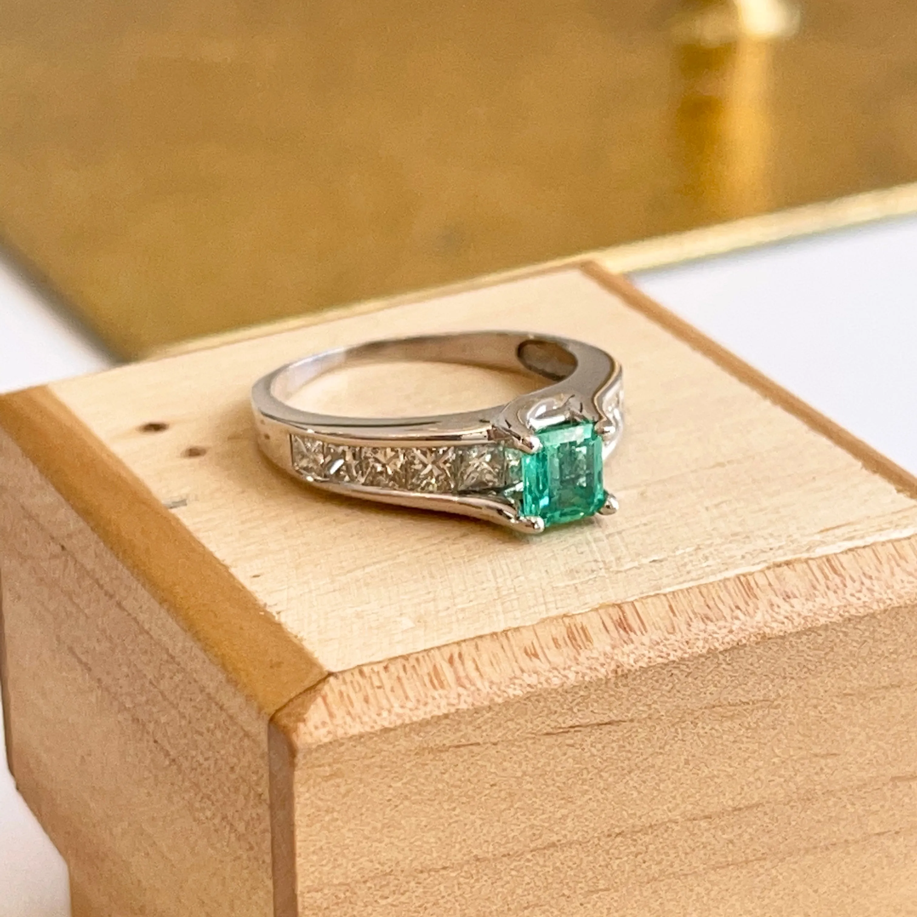 Estate 14KT White Gold .62 CT Princess-Cut Emerald   Diamond Ring