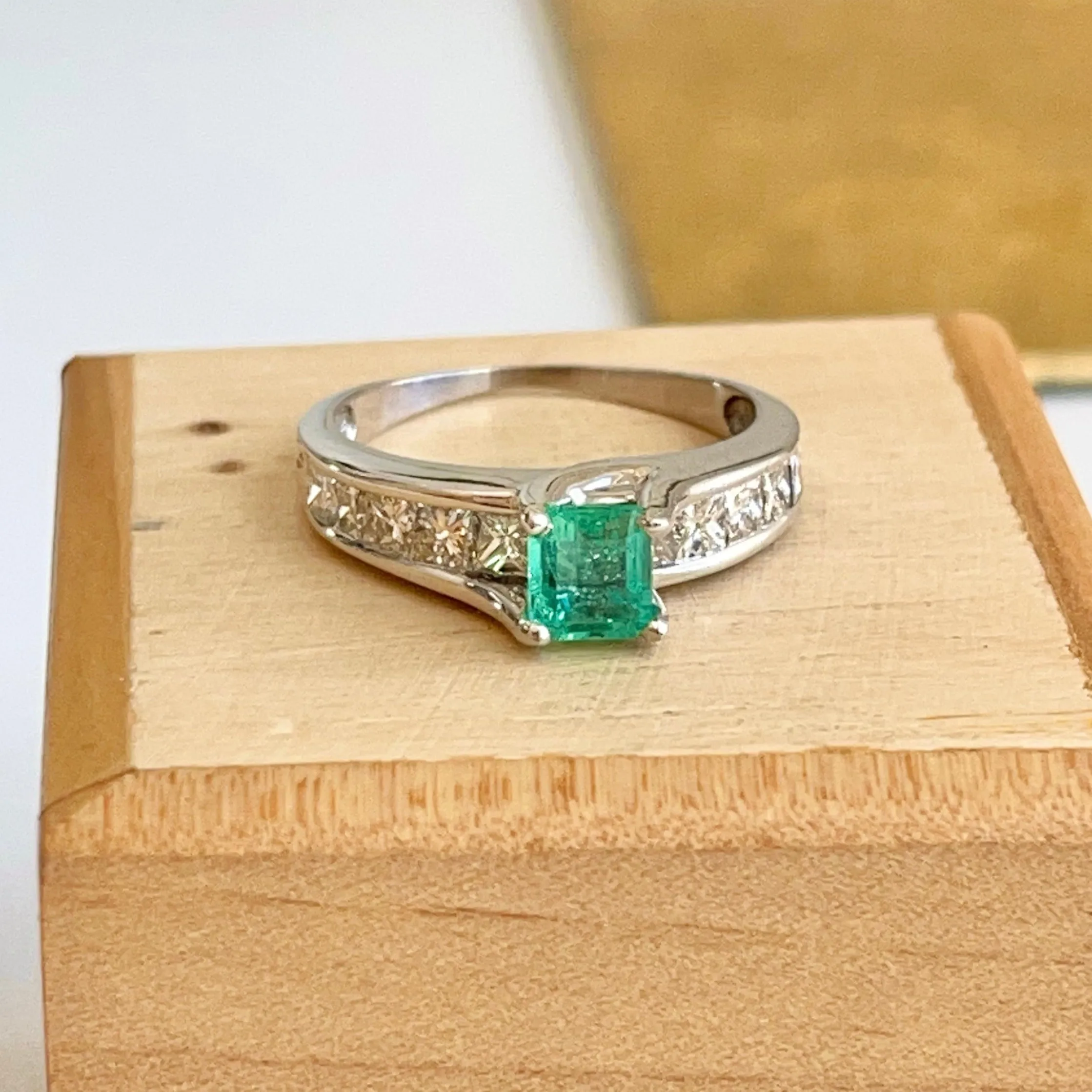 Estate 14KT White Gold .62 CT Princess-Cut Emerald   Diamond Ring
