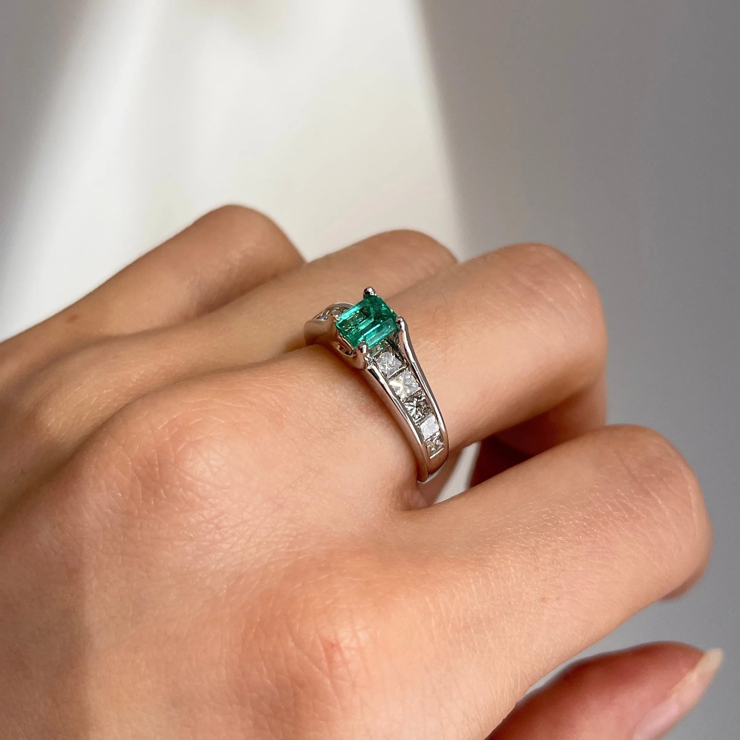 Estate 14KT White Gold .62 CT Princess-Cut Emerald   Diamond Ring