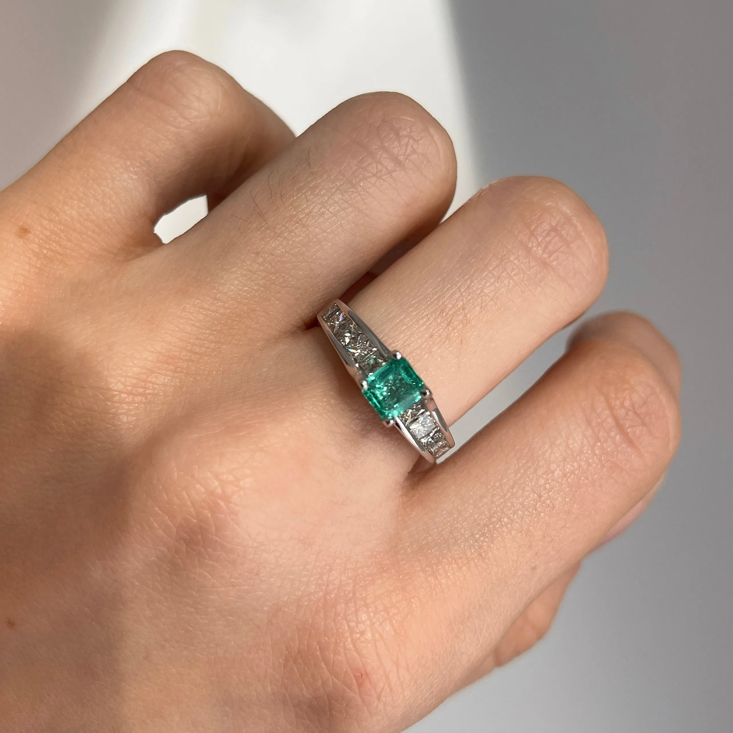 Estate 14KT White Gold .62 CT Princess-Cut Emerald   Diamond Ring