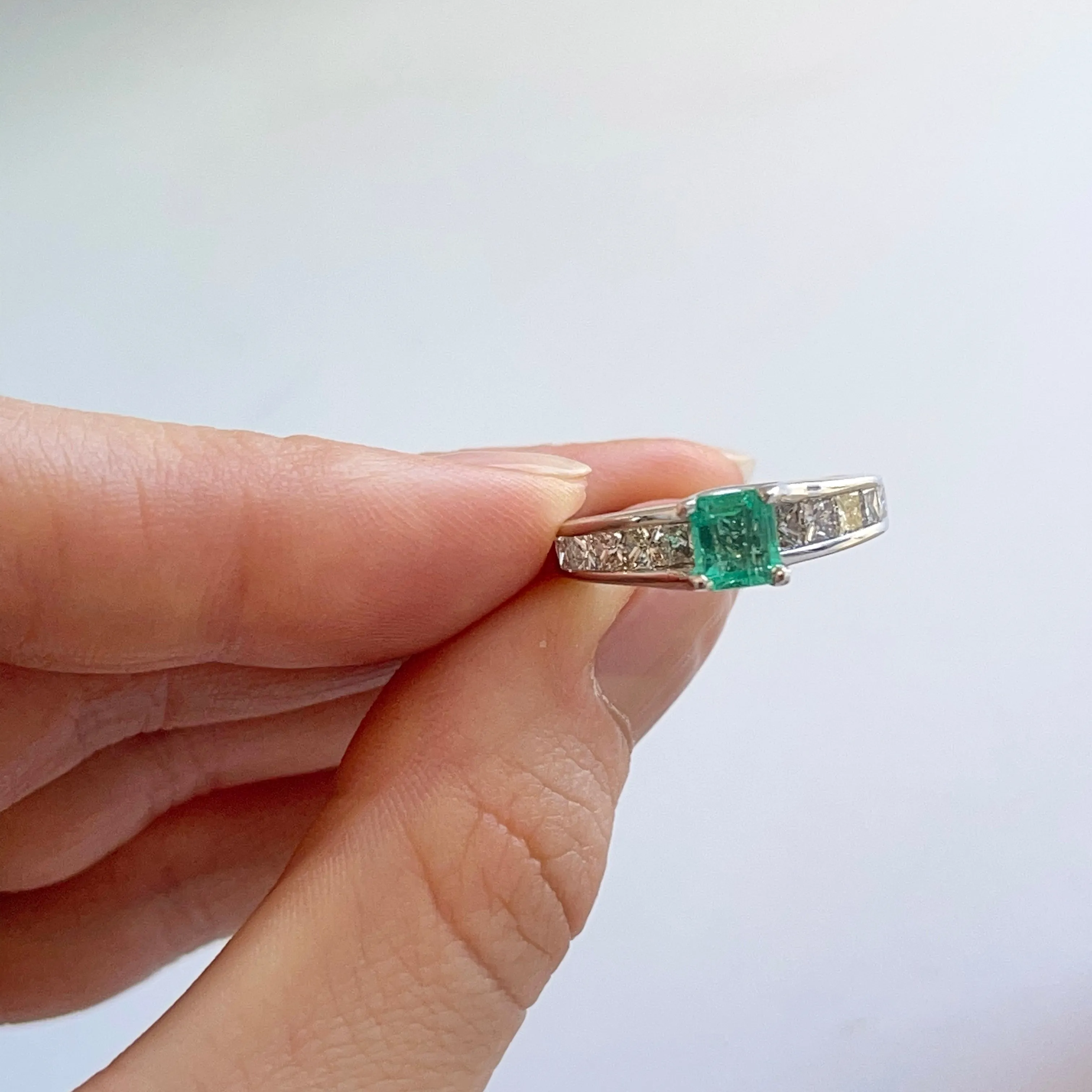 Estate 14KT White Gold .62 CT Princess-Cut Emerald   Diamond Ring