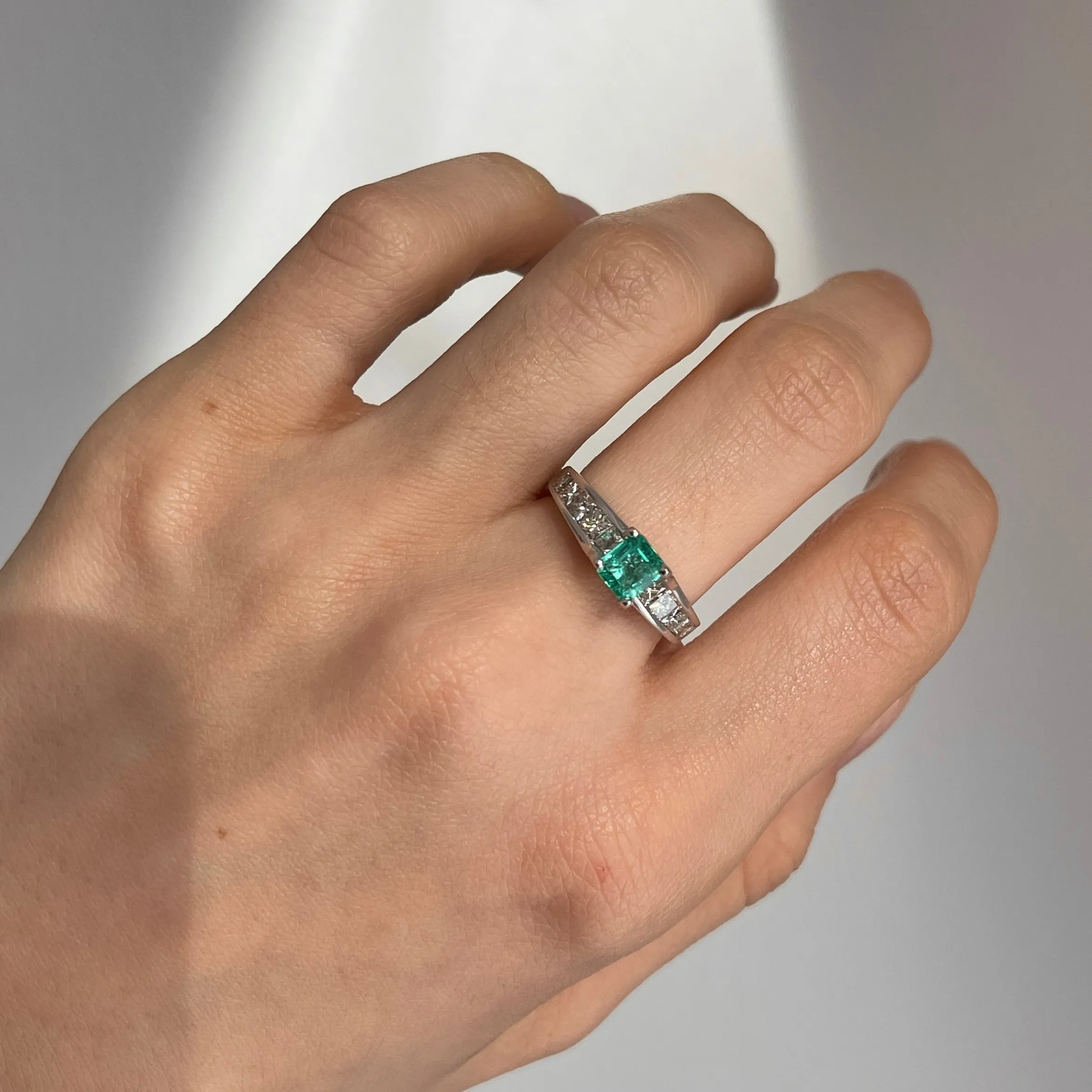 Estate 14KT White Gold .62 CT Princess-Cut Emerald   Diamond Ring