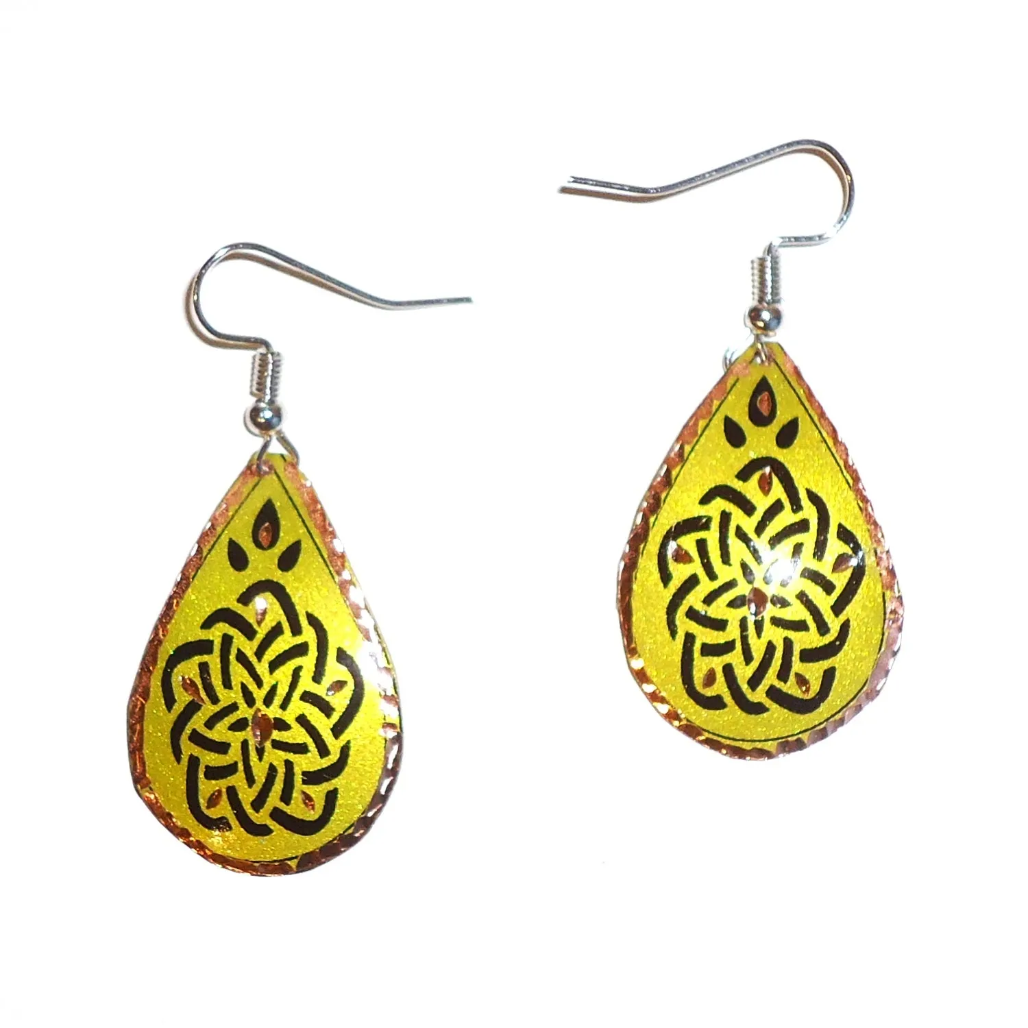 Etched Copper Floral Earrings - Chartreuse Teardrops