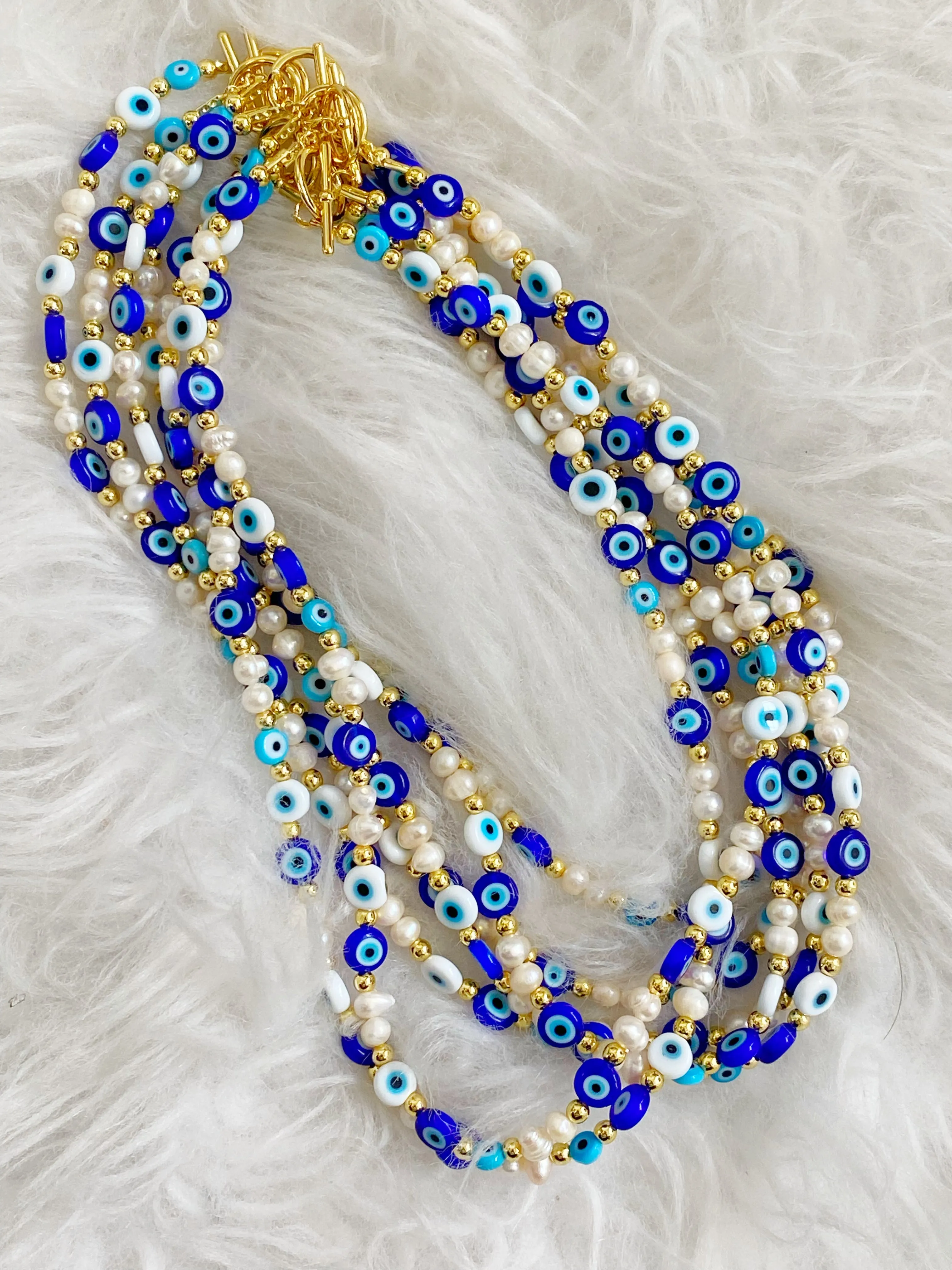 Evil Eye Beaded Fresh Water Pearls Toggle Necklace