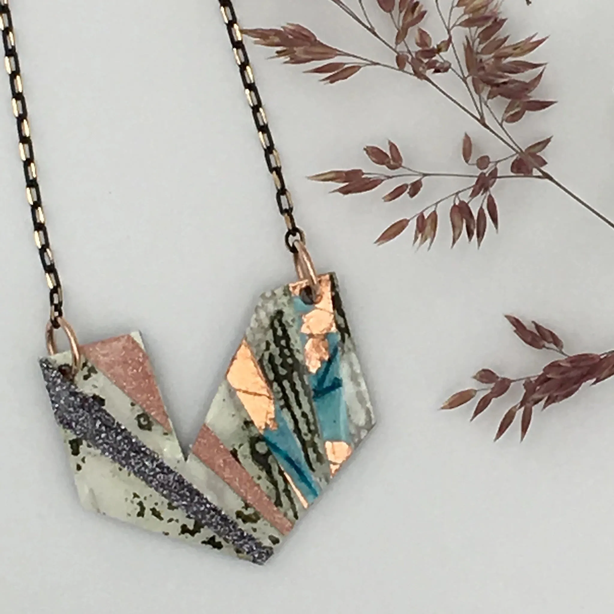 Ezrine Batik Textile Necklace in Olive/White/Blue/Rose-Gold and Blush/Pewter Shimmer