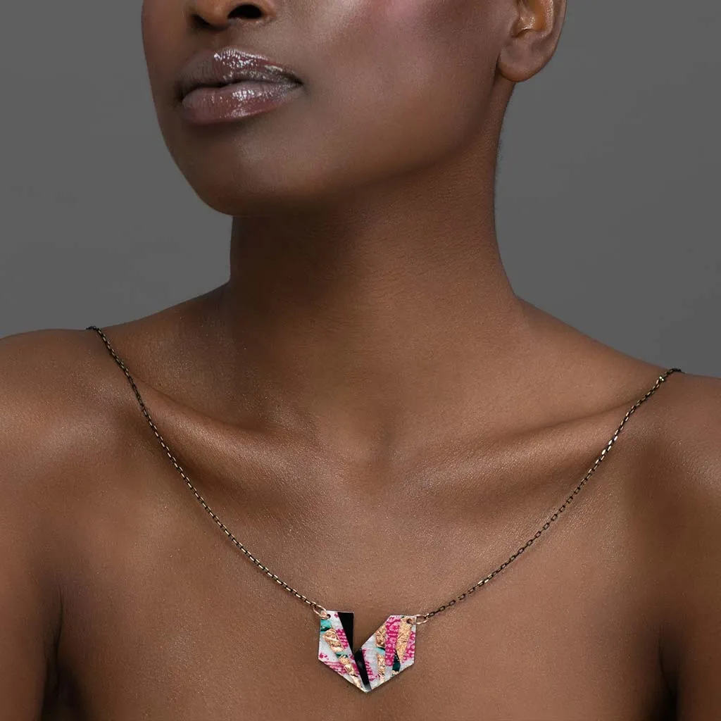 Ezrine Batik Textile Necklace in Pink/Rose-Gold/Blue/Black