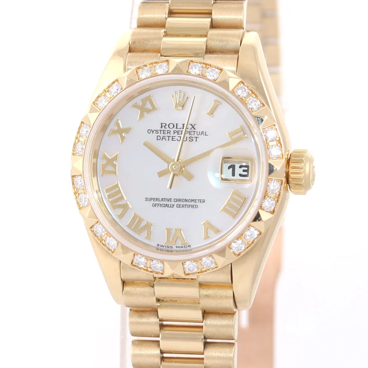 FACTORY MOP Roman Ladies 79258 Rolex DateJust President Diamond 18k Gold Bezel
