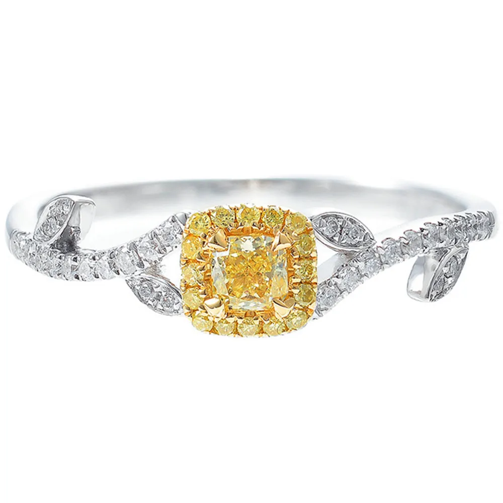 Fancy Yellow Diamond Halo Ring with Leaf Vine Band