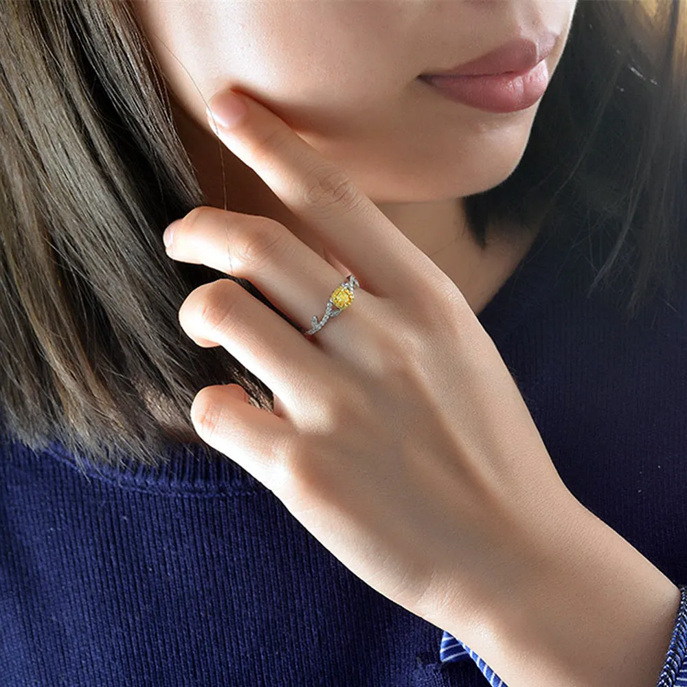 Fancy Yellow Diamond Halo Ring with Leaf Vine Band