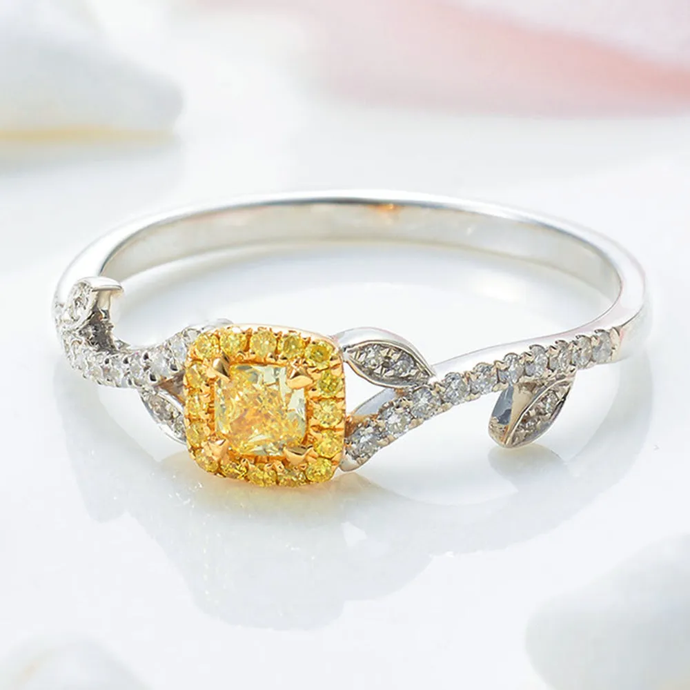 Fancy Yellow Diamond Halo Ring with Leaf Vine Band