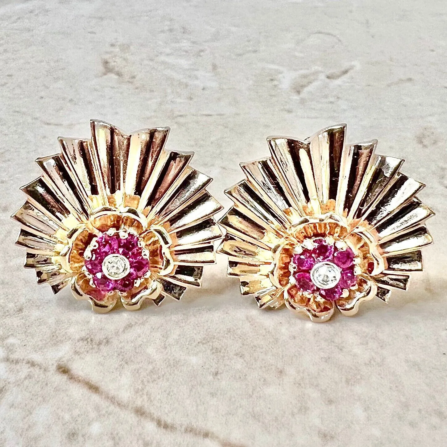 Fine Vintage 1940’s Retro Era Handcrafted 14 Karat Rose Gold Ruby & Diamond Clip-On Earrings