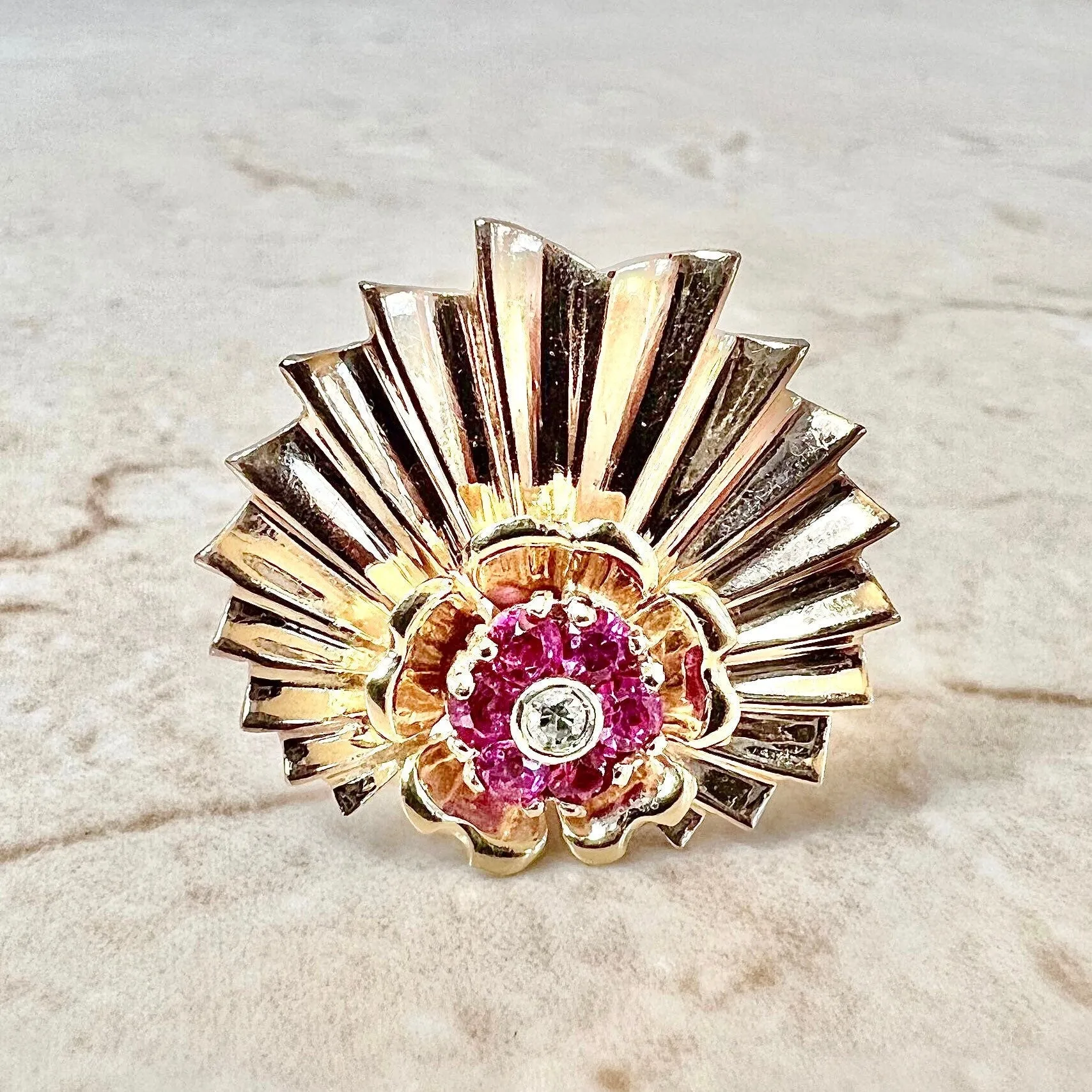 Fine Vintage 1940’s Retro Era Handcrafted 14 Karat Rose Gold Ruby & Diamond Clip-On Earrings