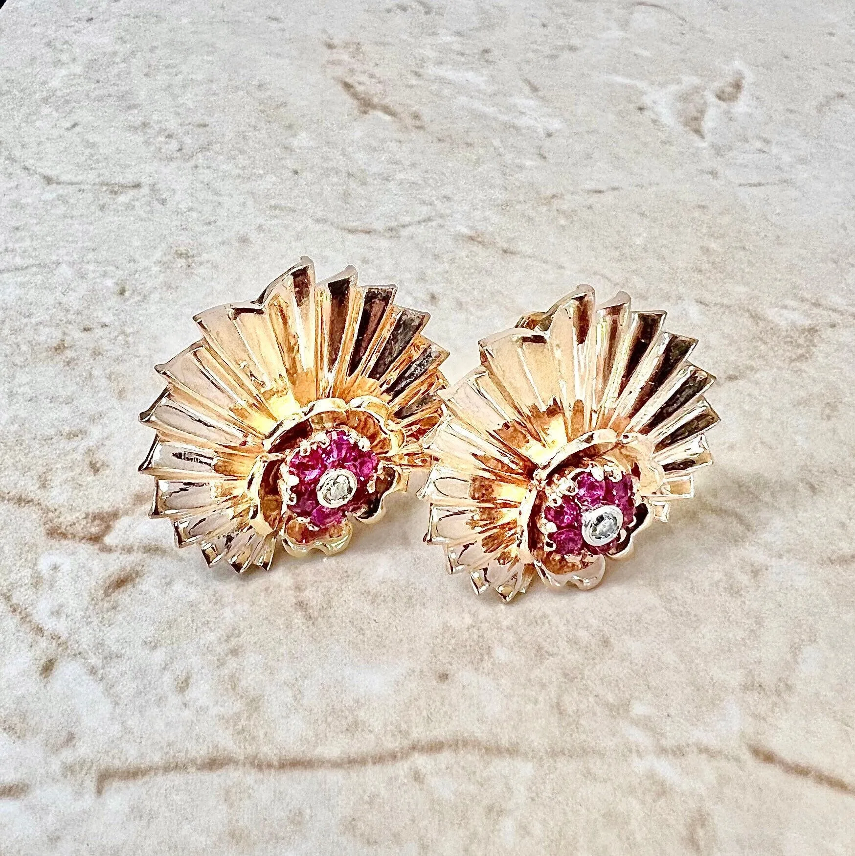 Fine Vintage 1940’s Retro Era Handcrafted 14 Karat Rose Gold Ruby & Diamond Clip-On Earrings