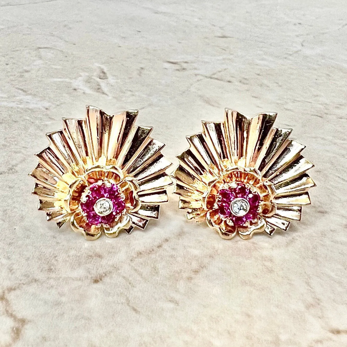 Fine Vintage 1940’s Retro Era Handcrafted 14 Karat Rose Gold Ruby & Diamond Clip-On Earrings