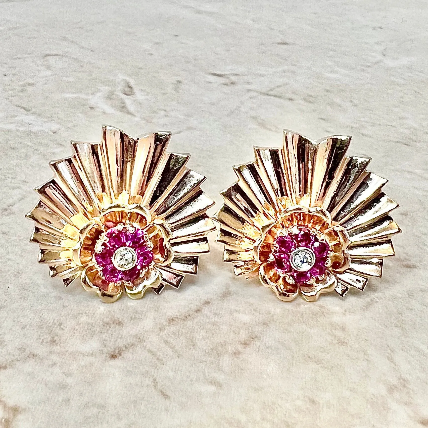 Fine Vintage 1940’s Retro Era Handcrafted 14 Karat Rose Gold Ruby & Diamond Clip-On Earrings