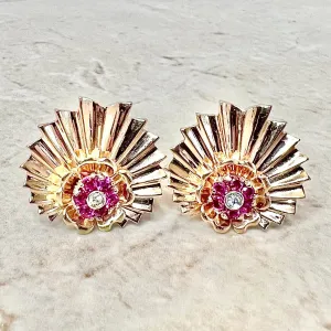 Fine Vintage 1940’s Retro Era Handcrafted 14 Karat Rose Gold Ruby & Diamond Clip-On Earrings