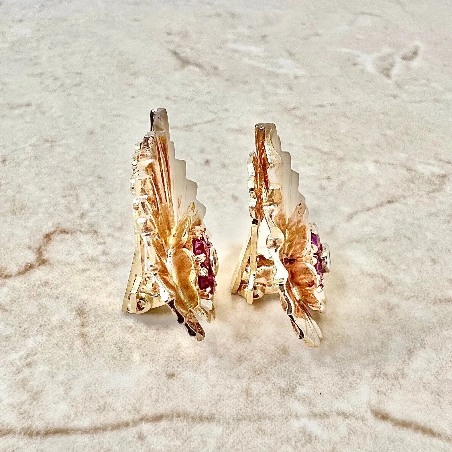 Fine Vintage 1940’s Retro Era Handcrafted 14 Karat Rose Gold Ruby & Diamond Clip-On Earrings