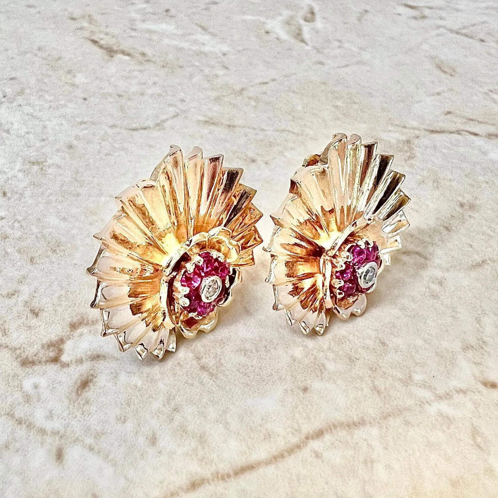 Fine Vintage 1940’s Retro Era Handcrafted 14 Karat Rose Gold Ruby & Diamond Clip-On Earrings