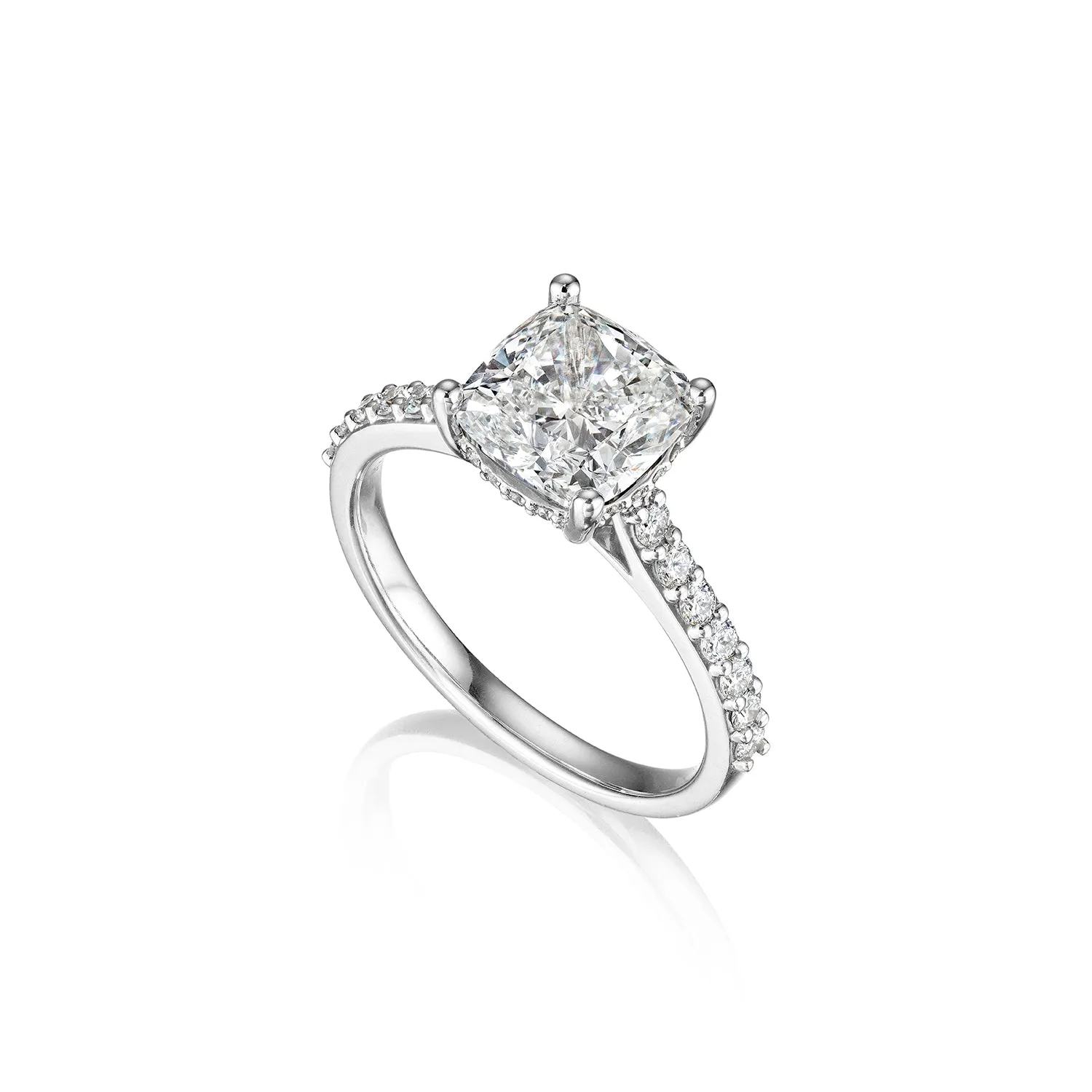 Fink's Exclusive Platinum Cushion Cut Diamond Engagement Ring with Diamond Shank Accents